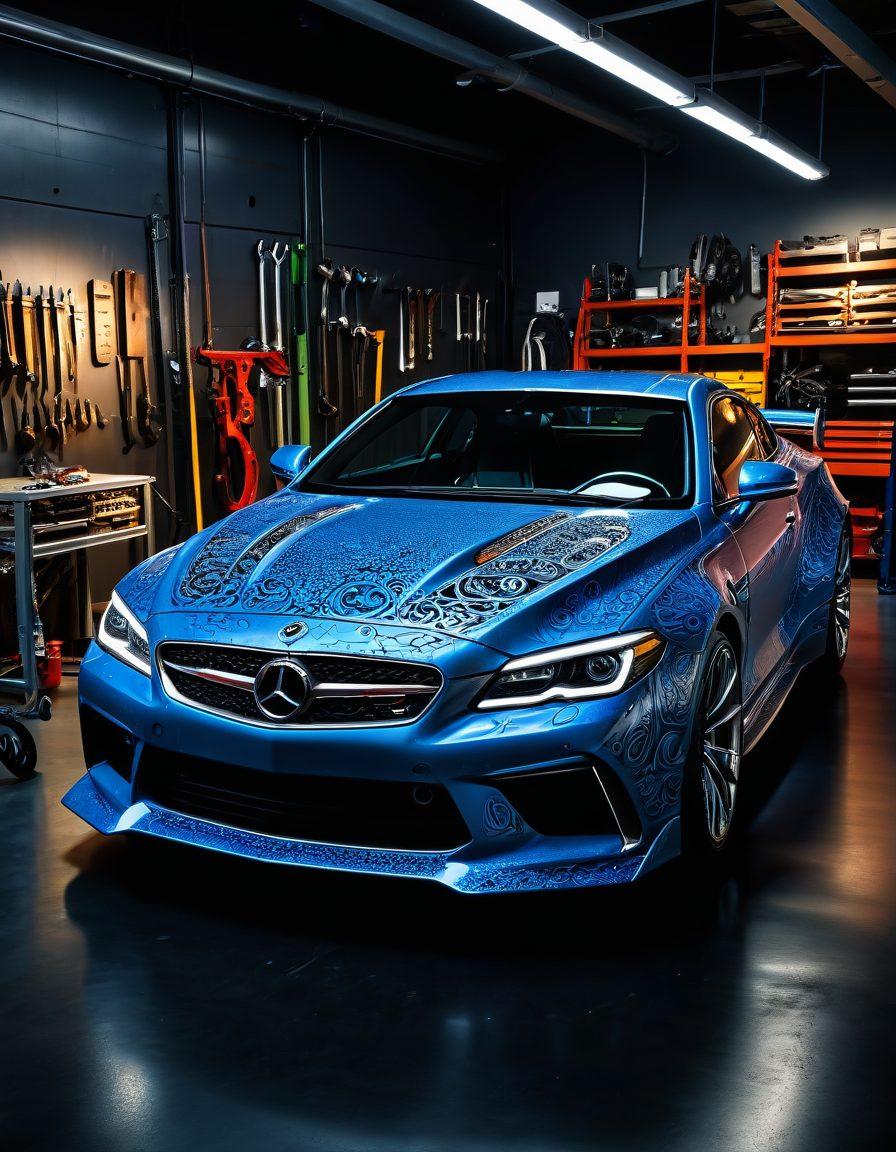 A sleek custom car frame, showcasing intricate designs and vibrant colors, surrounded by various unique car accessories like headlights, rims, and spoilers. The background features a dimly lit workshop filled with tools and machinery, highlighting the craftsmanship involved. A subtle glow emanates from the car frame, emphasizing its artistic beauty. The overall atmosphere exudes excitement and creativity within the automotive world. super-realistic. vibrant colors. workshop ambiance.